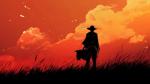 Lone cowboy silhouette against vivid red sunset sky.