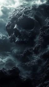 Digital painting of colossal storm-forged skull landscape.