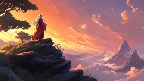 Lone robed figure surveys blazing sunrise mountain vista.