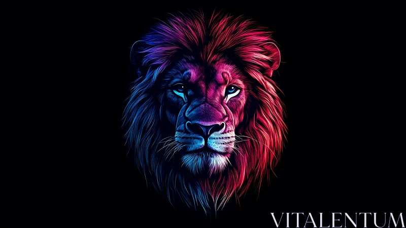 Neon lit lion portrait with vivid dual tone mane.