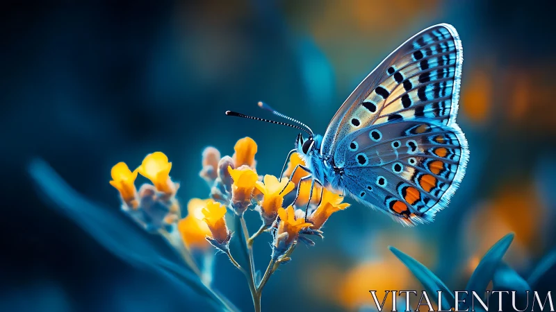 Blue butterfly rests on glowing yellow wildflower blooms.