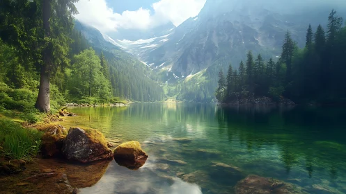Glacial alpine lake with refracted light and conifer matrix.