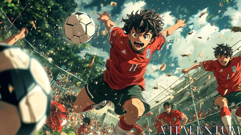 Dynamic anime soccer charge under vibrant afternoon skies.