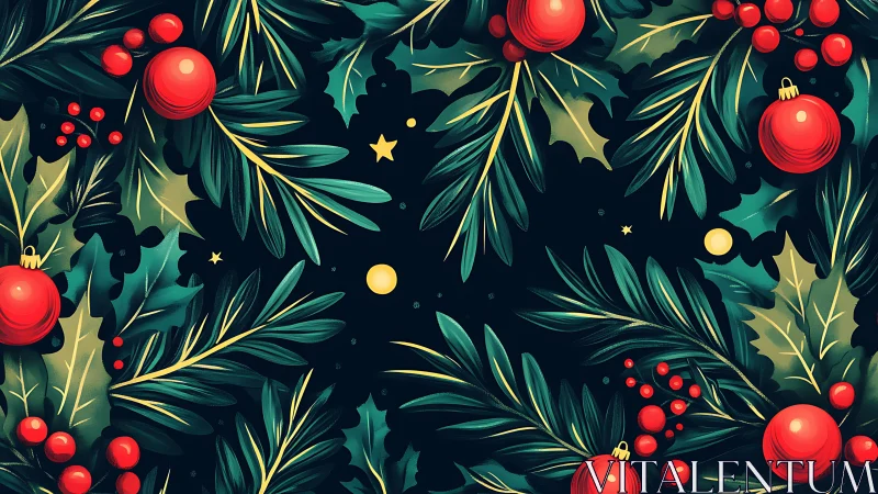 Festive holly foliage and red baubles seamless Christmas pattern.