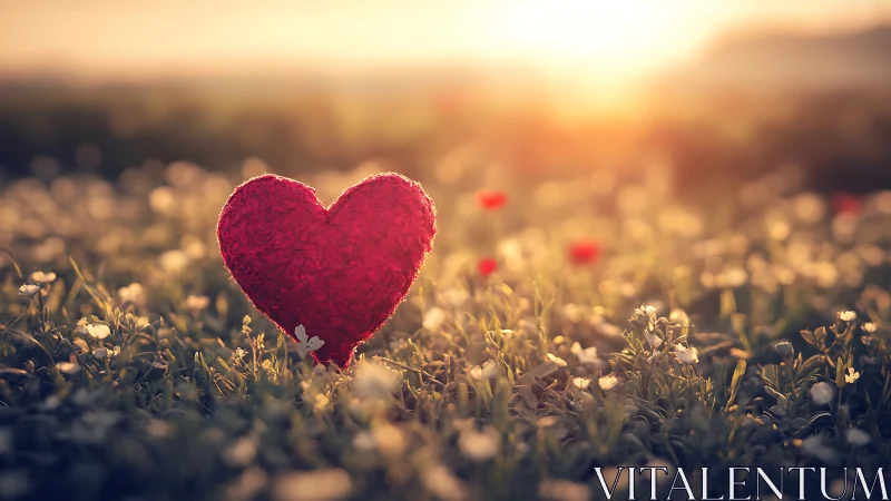 Scarlet Heart Form Isolated in Golden Hour Wildflower Meadow.
