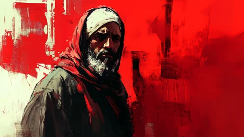 Solitary robed elder rendered against abstract crimson void