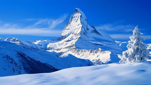 Snow-covered peak rises above bright alpine winter valley