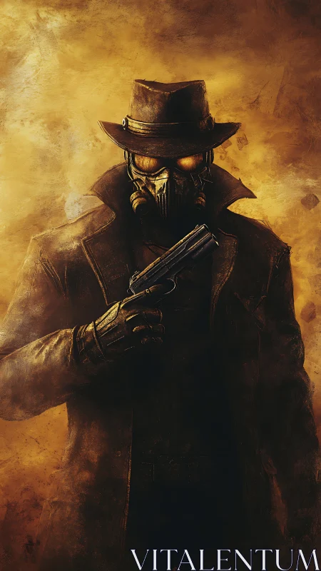 Masked gunslinger in trench coat amid smoky golden haze.