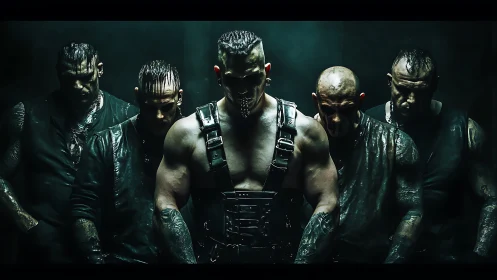 Five muscular men in dark industrial leather outfits. Period.