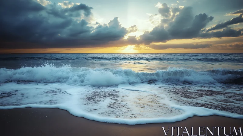 Ocean shoreline shows breaking waves under dramatic sunset sky
