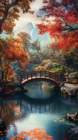 Red wooden bridge spans reflective pond in autumn garden