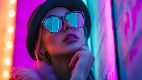 Neon-lit woman in sunglasses dreams against glowing night wall