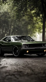 Classic green muscle car rendered in moody forest lighting