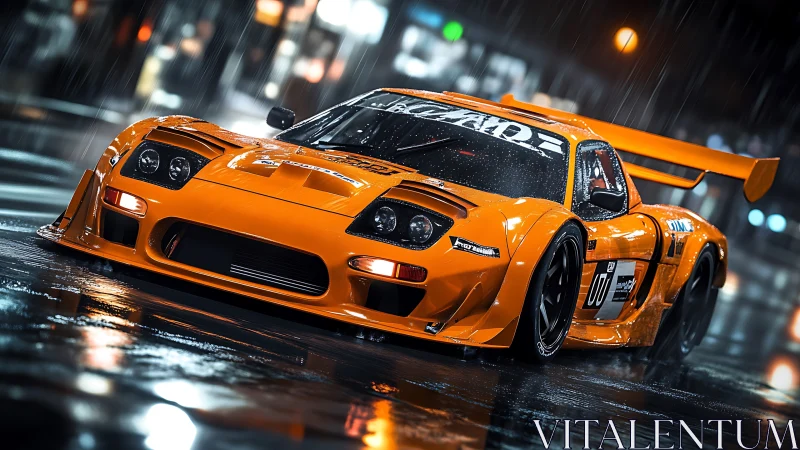 Aerodynamic orange race car under nocturnal urban rainfall.