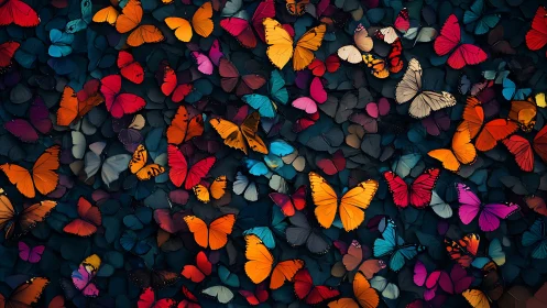 Chromatic butterfly swarm over deep teal wing mosaic.