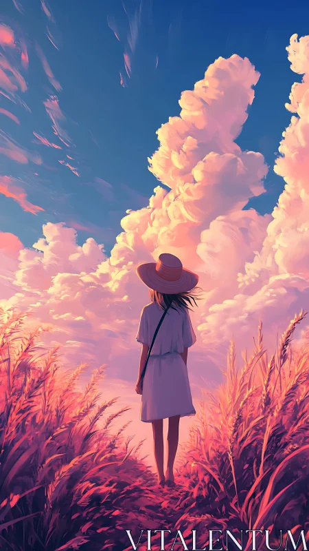 Girl in white dress under towering sunset clouds.