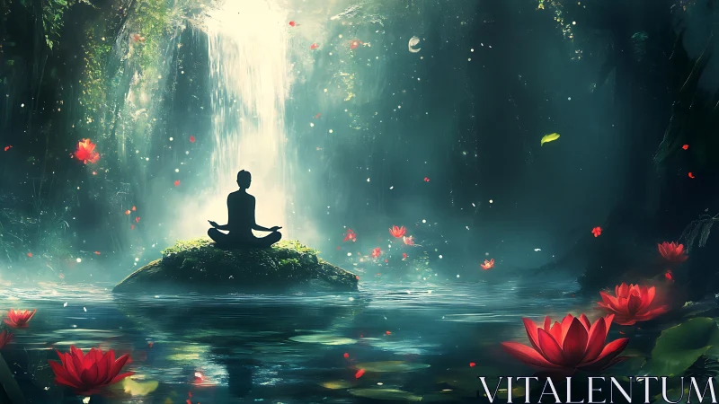 Meditative figure by waterfall in serene fantasy forest scene.