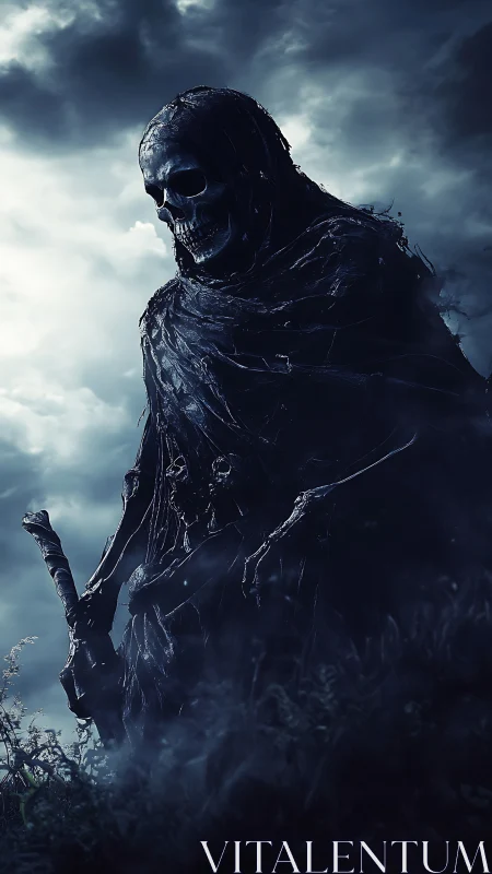 Digital painting of skeletal reaper cloaked in stormlit mist.