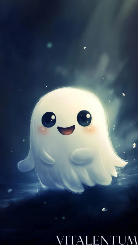 Luminous chibi ghost character under volumetric moonbeams.