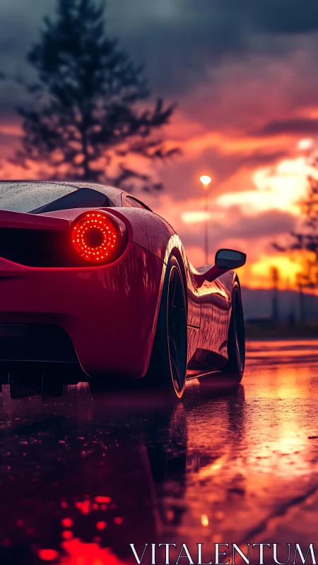 Red supercar taillights burn through neon sunset rain