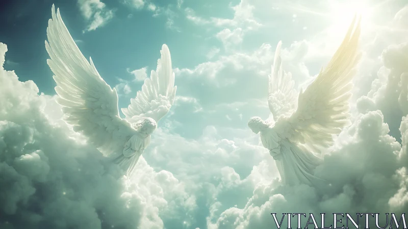 Celestial marble angels with extended wings amid luminous clouds