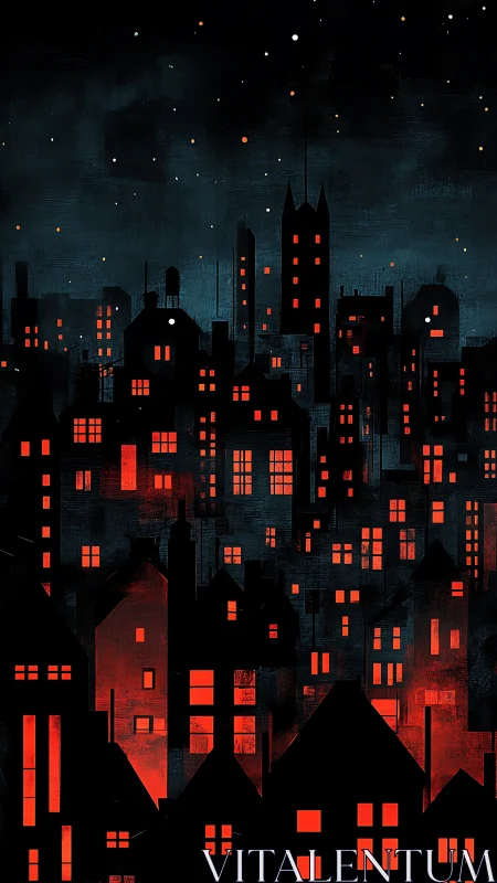 Silhouetted city skyline shows red-lit windows at night
