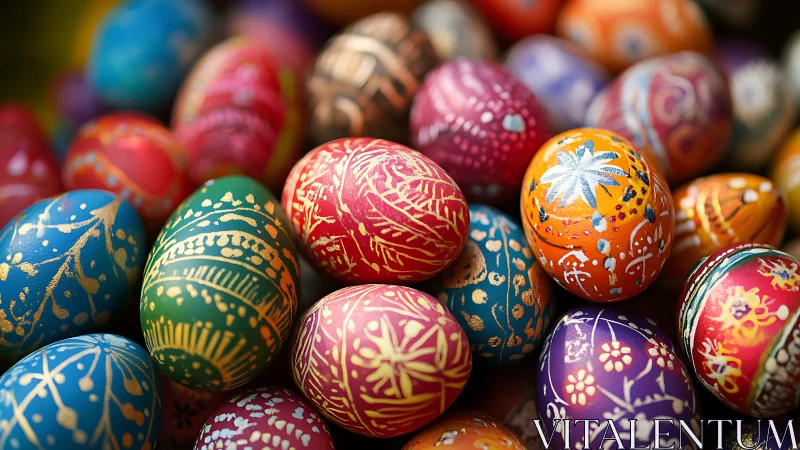 Photorealistic macro study of ornate painted Easter eggs.