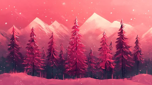 Rosy winter forest beneath candy-colored mountain peaks.