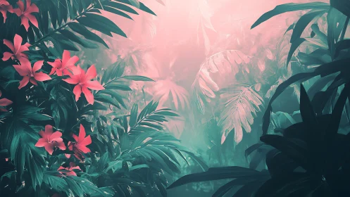Soft jungle glow wraps pink blossoms in dreamy morning light