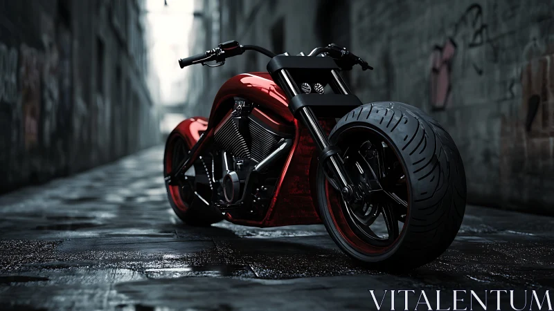 Midnight scarlet chopper prowls a rain-dark urban alleyway.