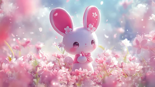 Pink cartoon bunny stands in dense pastel flower meadow