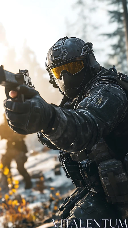 Armored operator carves sunlight with a pistol&rsquo;s sharp aim