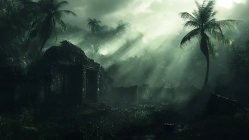Sunbeams pierce mist over forgotten jungle temple ruins