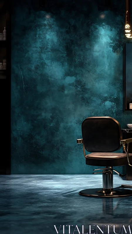 Salon styling chair against teal textured wall in moody light