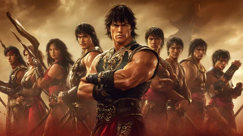 Martial warriors stand united in cinematic golden storm.