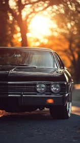 Low-angle portrait isolates classic muscle car at golden hour