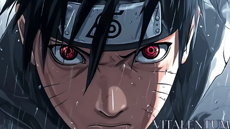 Intense ninja portrait under driving rain, red eyes stare