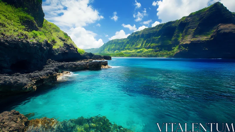 Emerald Valley Cove Beneath Towering Cliffs and Blue Sky