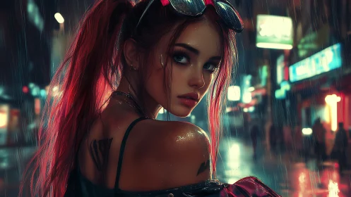 Neon lit rain soaked street portrait with cinematic depth of field