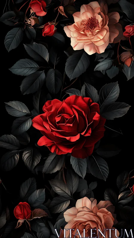 Dark Floral Composition: Crimson and Blush Roses Against Black.