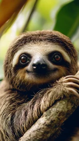 Gentle sloth portrait in lush rainforest close-up view.