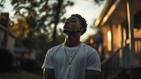 Male subject in residential street at sunset wearing chains.
