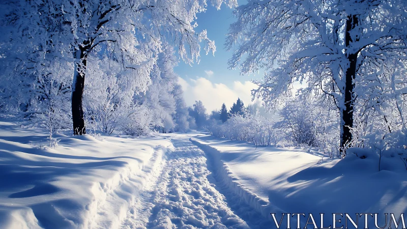 Snowy forest path glows softly under clear winter daylight