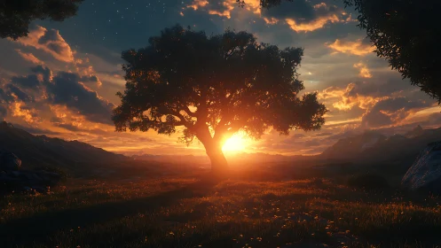 Solitary oak backlit by cinematic sunset glow in meadow.