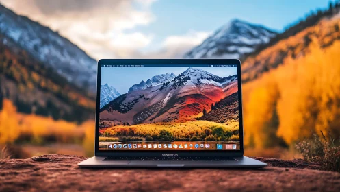 Laptop window opens onto blazing autumn mountain escape.