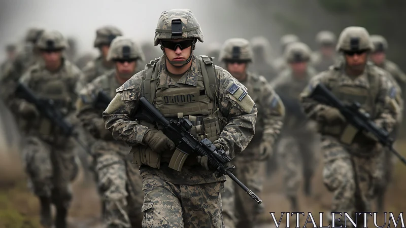 Infantry unit advancing through misty outdoor terrain field.
