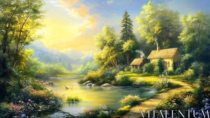 Sunlit forest cottage beside reflective river bend at dawn