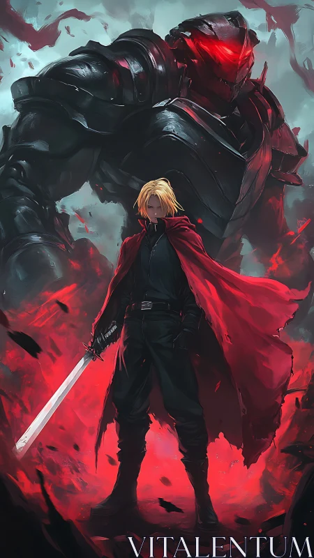 Swordsman in red cloak stands before armored mech guardian.