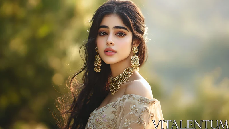 Portrait captures woman in ornate gold jewelry at sunset