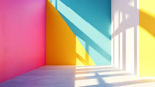 Geometric interior with colored walls and long window shadows.